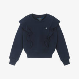 Ralph Lauren-Girls Blue Cotton Ruffle Sweatshirt | Childrensalon