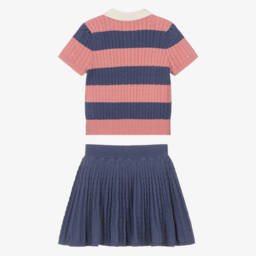 Ralph Lauren-Girls Blue & Pink Striped Cotton Knit Skirt Set | Childrensalon