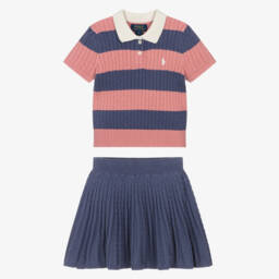 Ralph Lauren-Girls Blue & Pink Striped Cotton Knit Skirt Set | Childrensalon