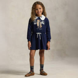Ralph Lauren-Платье-свитшот синее с мишкой Поло и поясом на шнурке для девочек | Childrensalon