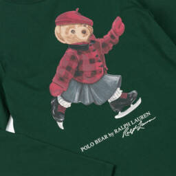 Ralph Lauren-Girls Green Cotton Jersey Top with Polo Bear Print | Childrensalon