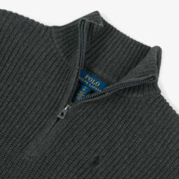 Ralph Lauren-Girls Grey Cotton Knit Half-Zip Sweater | Childrensalon