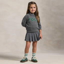 Ralph Lauren-Girls Grey Pleated Cotton Skort with Pony Logo | Childrensalon