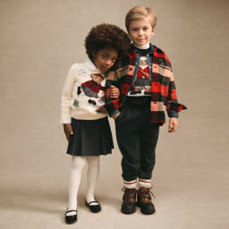 Ralph Lauren-Girls Ivory Cotton Knit Sweater with Ice Skating Polo Bear | Childrensalon