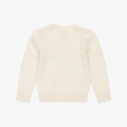 Ralph Lauren-Girls Ivory Cotton Knit Sweater with Ice Skating Polo Bear | Childrensalon