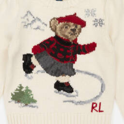 Ralph Lauren-Girls Ivory Cotton Knit Sweater with Ice Skating Polo Bear | Childrensalon