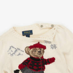 Ralph Lauren-Girls Ivory Cotton Knit Sweater with Ice Skating Polo Bear | Childrensalon