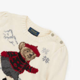 Ralph Lauren-Girls Ivory Cotton Knit Sweater with Ice Skating Polo Bear | Childrensalon