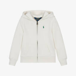 Girls Ivory Cotton Zip-Up Hoodie with Pony Logo