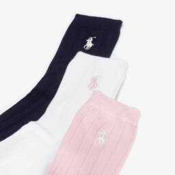 Ralph Lauren-Girls Navy Blue, Pink & White Socks (3 Pack) | Childrensalon