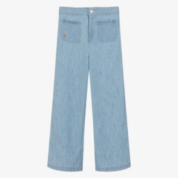 Ralph Lauren-Girls Blue Cotton Chambray Peplum Blouse | Childrensalon