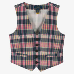 Girls Pink & Blue Check Cotton Waistcoat