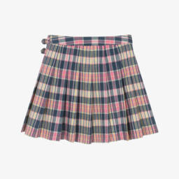 Ralph Lauren-Girls Pink & Blue Check Pleated Cotton Skirt | Childrensalon