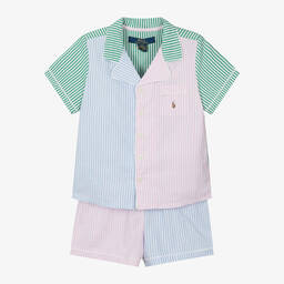 Ralph Lauren-Girls Pink Cotton Striped Short Pyjamas  | Childrensalon