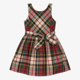 Ralph Lauren-Girls Red & Green Tartan Satin Dress | Childrensalon