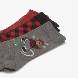 Ralph Lauren-Girls Red & Grey Ice Skating Polo Bear Socks (3 Pack) | Childrensalon