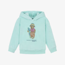 Girls Turquoise Blue Polo Bear Towelling Hoodie 