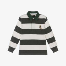 Ralph Lauren-Grey & Ivory Stripe Cotton Rugby Shirt | Childrensalon