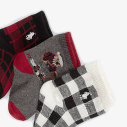 Ralph Lauren-Grey Polo Bear & Black Checked Knitted Baby Socks (3 Pack) | Childrensalon