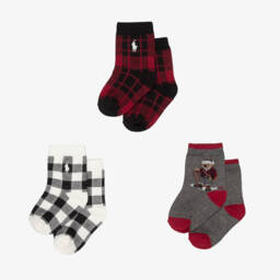 Ralph Lauren-Grey Polo Bear & Black Checked Knitted Baby Socks (3 Pack) | Childrensalon