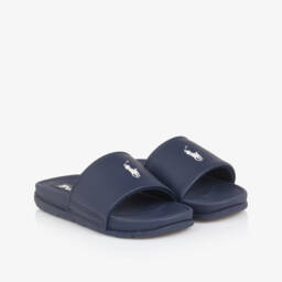 Ralph Lauren-Navy Blue Sliders With White Pony Logo | Childrensalon