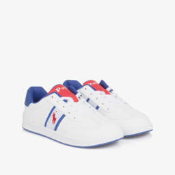 Ralph Lauren-White Faux Leather Trainers With Blue & Red Logo | Childrensalon