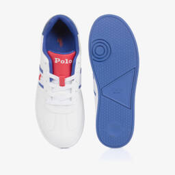 Ralph Lauren-White Faux Leather Trainers With Blue & Red Logo | Childrensalon