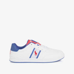 Ralph Lauren-White Faux Leather Trainers With Blue & Red Logo | Childrensalon