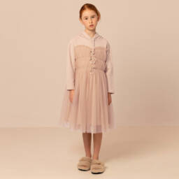 RaspberryPlum-Платье кремовое с капюшоном из хлопкового джерси и тюля | Childrensalon