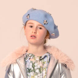 RaspberryPlum-Girls Blue Felted Beret with Sequin Flowers | Childrensalon