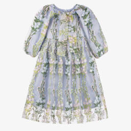 RaspberryPlum-Платье из синего тюля с цветочной вышивкой для девочек | Childrensalon