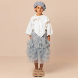 RaspberryPlum-Girls Ivory Cotton Puffball Blouse with Bow Detail | Childrensalon