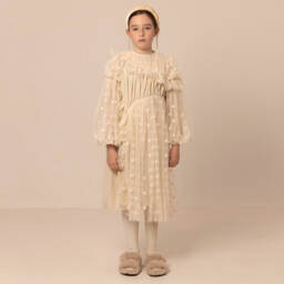 RaspberryPlum-Girls Ivory Tulle Ruffle Dress with Polka Dots | Childrensalon
