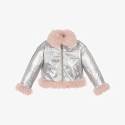 RaspberryPlum-Girls Metallic Silver Faux Leather Aviator Jacket | Childrensalon