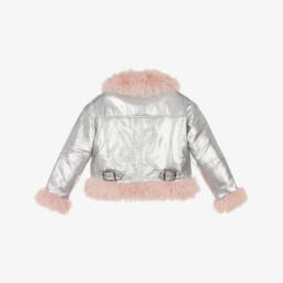 RaspberryPlum-Girls Metallic Silver Faux Leather Aviator Jacket | Childrensalon