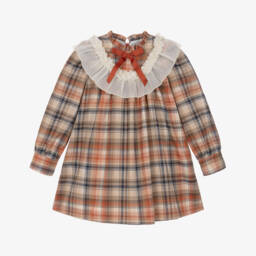 Girls Beige & Orange Check Dress