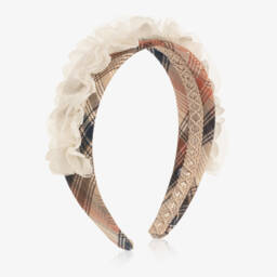 Girls Beige & Orange Check Hairband with Tulle
