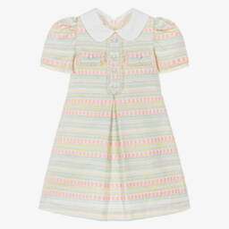 Платье трапеция из твида в зелено-розовую полоску для девочек