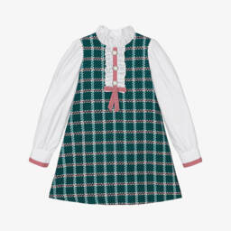 Girls Green & White Tweed Dress