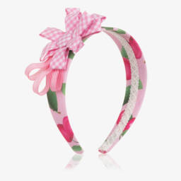 Girls Pink Cherry Hairband with Gingham Flower Detail