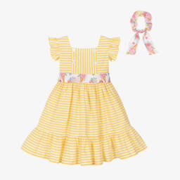 Rochy-Girls Yellow & White Striped Cotton Dress Set | Childrensalon