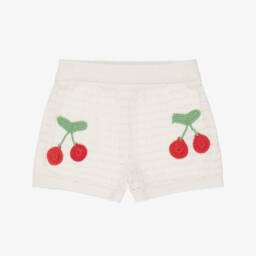Girls Ivory Cotton Cherry Shorts with Cut Work