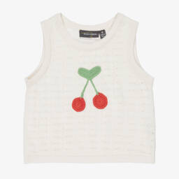 Girls Ivory Cotton Cherry Tank Top with Cut Work