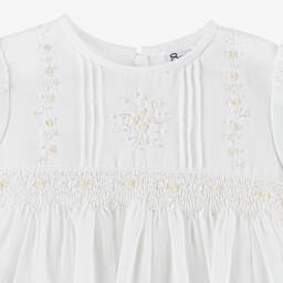 Sarah Louise-طقم فستان وقبعة بونيه مطرز سموكينغ قطن لون عاجي | Childrensalon