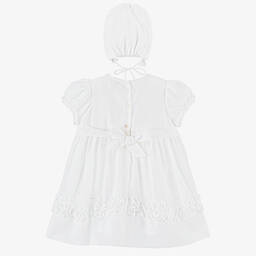 Sarah Louise-طقم فستان وقبعة بونيه مطرز سموكينغ قطن لون عاجي | Childrensalon