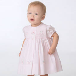 Sarah Louise-Baby Girls Pink Hand-Smocked Dress with Floral Embroidery | Childrensalon