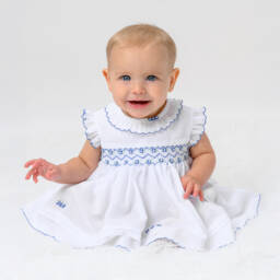 Sarah Louise-Baby Girls White & Blue Smocked Dress | Childrensalon