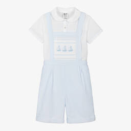 Sarah Louise-Boys Blue Smocked Dungaree Shorts Set | Childrensalon