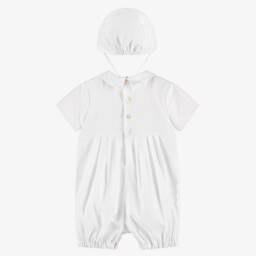 Sarah Louise-Boys White Cotton Babysuit & Hat Set | Childrensalon