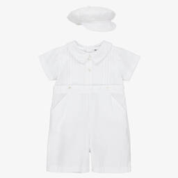Sarah Louise-Boys White Cotton & Linen Babysuit Set | Childrensalon